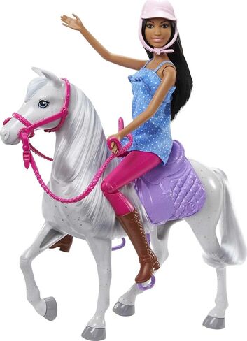 Barbie Doll and Horse, Bendable Brunette Doll with Riding Outfit and Boots, White Horse with Saddle, Bridle and Reins in Saudi Arabia
