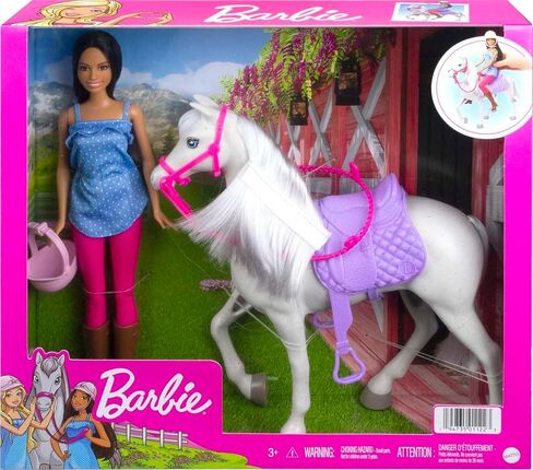 Barbie Doll and Horse, Bendable Brunette Doll with Riding Outfit and Boots, White Horse with Saddle, Bridle and Reins in Saudi Arabia