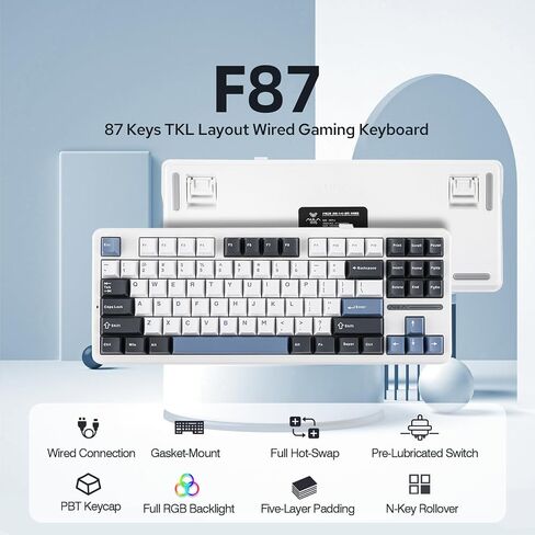 EPOMAKER x Aula F87 Wired Mechanical Keyboard, 87 Keys Compact TKL Gasket Gaming Keyboard, Hot Swappable Custom Keyboard with Five-Layer Padding, Full RGB (Smoke Blue, Graywood V3/V4 Switch) in Saudi Arabia
