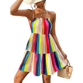 OYOANGLE Women's Boho Striped Print Lace Up Backless Sleeveless Ruffle Hem Summer Casual Cami Dress