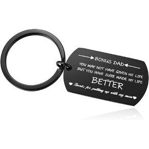 Bonus Dad Keychain Gifts from Step Daughter, Fathers Day Jewelry Present for Step Father from Step Son, Thank You Gifts for Stepdad, Black
