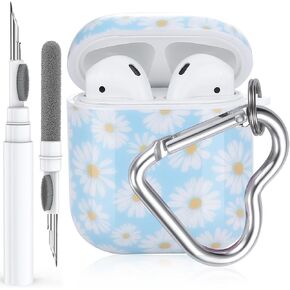 Cute Pink Case for Airpods 2nd/1st Generation Cover for Girl Women with Pom pom Flower Keychain & Cleaner Kit, Soft Silicone Airpods iPod 2nd/1st Gen Protective Cover Skin for Airpods 2/1 Gen, Pink