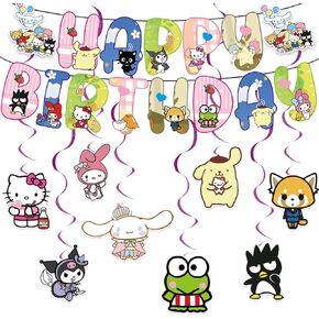 Kawaii Birthday Party Supplies Banner and 8*Hanging Swirls for Kuromi and My Melody Birthday Decorations, Kids Boys and Girls for Kitty and Friends Birthday Party Decorations Happy Theme. in Kuwait