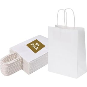 Joybe 100 Pack 6x3.25x8 Inch Small White Paper Bags with Handles Bulk, Kraft Paper Gift Bags for Birthday Party Favors Grocery Retail Shopping Business Goody Merchandise Craft Blank Sacks (100pcs)