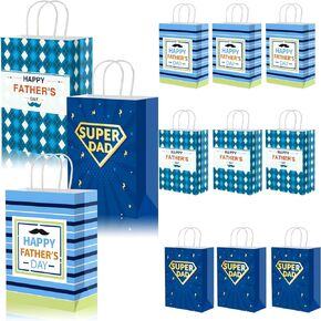 JUESMOS 12PCS Fathers Day Gift Bag 8.3" Medium Happy Father's Day Gift Bag with Handle Super Dad Paper Treat Goodie Bags Fathers Day Paper Bag for Dad Daddy Stepdad Fathers Day Party Decorations