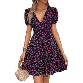 Milumia Women's Floral Print V Neck Puff Sleeve Flare Dress Summer A Line Short Dresses