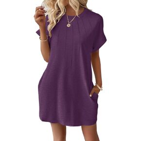 Minclouse Women's Casual Cap Short Sleeves Mini Dresses Cute Pleated T Shirt Dress with Pockets