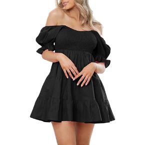 Yuemengxuan Women Summer Dresses 2024 Square Neck Ruched Ruffle Mini Dress Layered Tie Back Flowy Graduation Dress