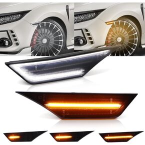 Switchback Sequential LED Side Marker Lights for 2016-2021 Honda Civic Sedan Coupe Hatchback 10th 10 Gen, Smoked Lens Front Bumper Amber Turn Signal Reflectors and White DRL