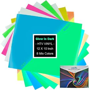 KISSWILL Glitter Glow in The Dark HTV Heat Transfer Vinyl, 7 Pack 12" X 10" Assorted Neon Colors PU Luminous HTV Iron on Vinyl Bundle for T-shirts DIY