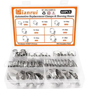 60PCS Hose Clamps Kit Box 1/4"–1-1/2" 304 Stainless Steel Radiator Pipe Clamp Assortment for Fuel Line, Plumbing, Intercooler and Tube K1-052-60PCS