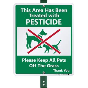 SmartSign 10 x 7 inch "Area Has Been Treated With Pesticide, Please Keep Off Grass" Yard Sign with 21.5 inch Stake, 40 mil Laminated Rustproof Aluminum, Red, Green and White, Set of 1, Made in USA