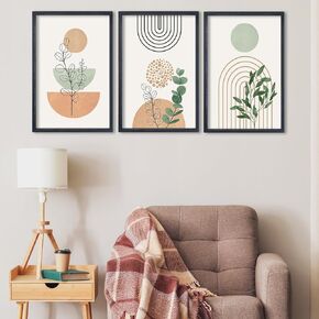 Boho Terracotta Wall Art Sign Decor 24"x16" Set of 3 Wood Framed Living Room Mid Abstract Century Modern Geometric Plaque Neutral Botanical Art Print For Bedroom Office Wall Hanging (Wood)