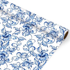 JarThenaAMCS Blue White Floral Wrapping Paper - Mini Roll - 17 In x 32.8 Ft Vintage Watercolor Flower Gift Wrap Paper Chinoiserie DIY Art Craft Paper for Wedding Birthday Party Supplies