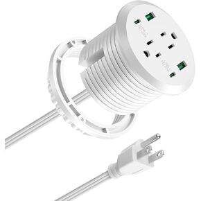 Desktop Recessed Power Grommet 3-inch Hole,40W Total Fast Charging Station, 2 USB C Ports, 2 AC Outlets,2 USB A Ports, Built-in Surface Power