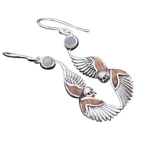 Owl Hawaiian Pueo Aumakua Earrings. Moonstone, Hawaiian Koa Wood, Mother of Pearl, Sterling Silver