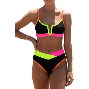 popvil Women's Sexy V Neck Bikini Sets High Waisted Bathing Suit Color Block Swimsuits