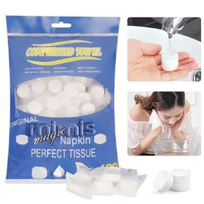 100 PCS Compressed Towel, Mini Tablets Disposable Portable Face Towel Cotton Coin Tissue for Travel, Camping, Hiking, Sport, Beauty Salon, Home Hand Wipes and Other Outdoor Activities