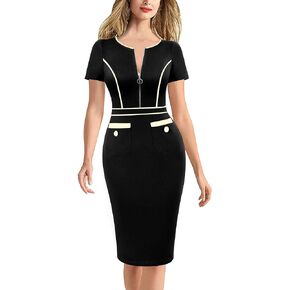 VFSHOW Womens 2024 Business Work Office Crew Neck Front Zipper Pockets Buttons Elegant Vintage Retro Bodycon Dress