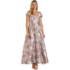 Long Off-The-Shoulder Metallic Floral Brocade Gown