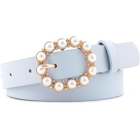 COTIM COYIN Pearl Buckle Skinny Leather Belt for Women, Adjustable Pin Buckle Belt, Fashion Belt with Pearl Buckle