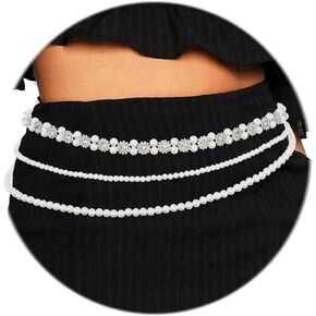ELABEST Pearl Chain Belt Layered Pearl Waist Chain Rhinestone Pearl Accessories for Women