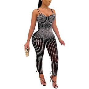 MESLIMA Women's Sexy Mesh Patchwork Sequin Rhinestone Jumpsuit One Shoulder Backless Bodycon Club Bodysuit