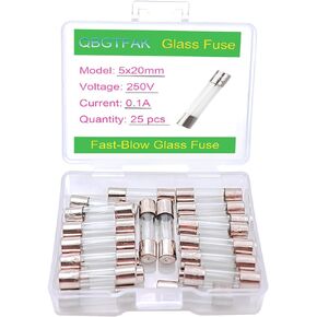 25 Pcs 5x20mm 0.1 A 0.1 amp 250 V 0.2x0.78 Inch Volt F0.1AL250V Fast-Blow Glass (0.1A)