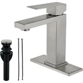 BARROCK Bathroom Faucet & Pop Up Drain Stopper with Overflow, Stainless Steel Single Handle Bathroom Vanity Sink Faucets with Water Supply Hoses and Deck Plate for 1 Hole or 3 Holes, Black and Gold
