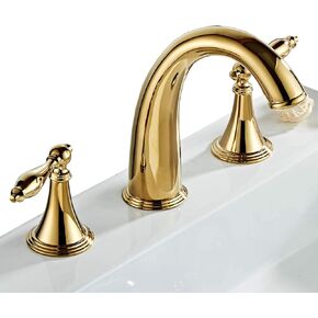 Gold Solid Brass Widespread Bathroom Faucet 3 Hole Two Handle Deck Mounted Faucet High Arc Lavatory Sink Taps with Ceramic Valve and 2 Hoses