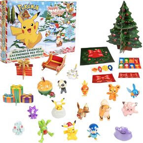 Pokemon Holiday Advent Calendar for Kids, 24 Piece Gift Playset - Set Includes Pikachu, Eevee, Jigglypuff and More - 16 Toy Character Figures & 8 Christmas Accessories - Ages 4+