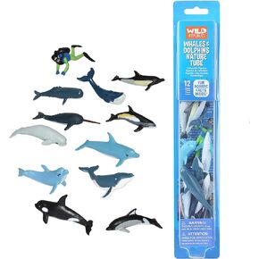Wild Republic Whales and Dolphins Tube, Bottlenose, Spotted, White-sided Dolphins, Narwhal, Orca, Beluga, Humpback, Gray, Sperm Whales and Diver