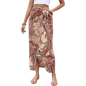 Women's Boho Paisley Print High Waisted Wrap Skirt Split Summer Maxi Long Skirt