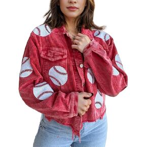 Women’s Cropped Corduroy Jackets Baseball Sequin Patched Raw Hem Short Button Down Jacket Coat in Saudi Arabia