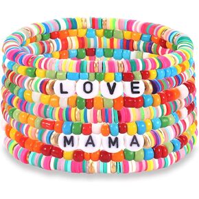 Heishi Bracelets for Women Colorful Vinyl Disc Bead Stretch Bracelets Stackable Beach Surf Letter Strand Bracelets for Girls Birthday Party Gifts