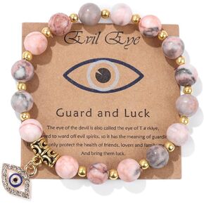 Pingyongchang Evil Eye Bracelet Natural Stone Beads Crystal Charm Bracelets for Women Men Blessing Card Handmade Gemstones Bracelets Lucky Evil Eye Pendant Bracelet for Protection Blessing