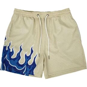 Mens Graphic Shorts Mesh Basketball Shorts Workout Flame Print Running Gym Shorts Anime Shorts for Men