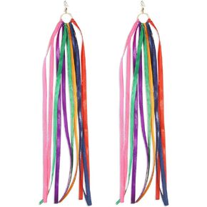Rainbow Tassel Dangle Earrings for Women Girls Gold Plated Boho Handmade Colorful Ribbon Long Threader Round Drop Dangling Lightweight Statement Hoop Hook Earring Bohemian Vacation Holiday Party Jewelry
