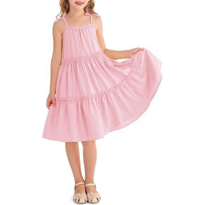 Girl's Summer Cute Tiered Swing Dress Midi Casual Smocked Sundresses 6-14 Years