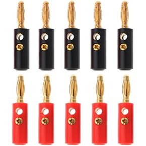 10 Pack Banana Plugs for Speaker Wire DIY Soldering-Free Closed Screw 4MM Gold Plated Banana Speaker PIN Plug Connectors Adapter for Amplifier Audio Cable (5 Black+ 5 Red)