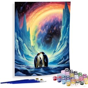 Diymood Paint by Numbers for Adults Penguin, DIY Oil Painting Aurora Borealis Acrylic Paint by Number Kits for Kids Adults Beginner for Home Wall Decor 16x20 inch