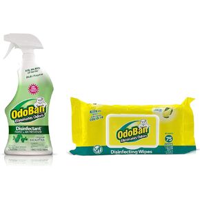 OdoBan Disinfectant and Odor Eliminating Set, 32 Ounce Ready-to-Use Cleaner and Fabric/Air Freshener Spray, Original Eucalyptus Scent, Package of 75 Multi-Purpose Wipes, Lemon Scent