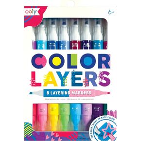 Ooly Color Layers Double Sided Markers - Set of 8 Colored Markers, 16 Colors Chisel and Point Tip on Each Marker for Kids, Non Toxic School Supplies, Art Supplies and Stationery Set - Color Layering