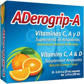 Aderogripa Immune Support Vitamins C, A & D, Liquid Supplement 10 Ampoules Natural Orange Flavor | Box with 10 Ampoules 10 ml Each | Boost Your Immune System, Suplemento en Ampolletas