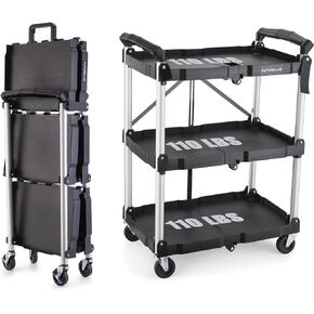 FUTURELAB Portable Folding Service Cart - 3 Tier 330LBS Capacity - Rolling Cart Utility Cart Foldable Cart with Wheels for Warehouse Home Workshops Garages Restaurants Offices
