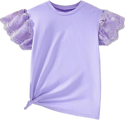 Girl's Lace Splice Mesh Flounce Sleeve T Shirt Loose Crewneck Short Sleeve Tees Cute Summer Tee Tops in Saudi Arabia
