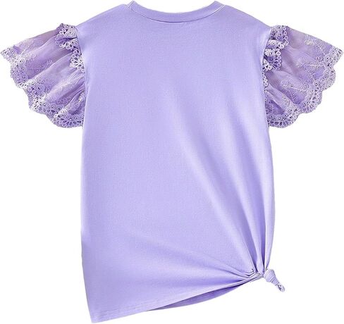 Girl's Lace Splice Mesh Flounce Sleeve T Shirt Loose Crewneck Short Sleeve Tees Cute Summer Tee Tops in Saudi Arabia