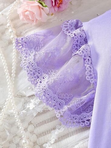 Girl's Lace Splice Mesh Flounce Sleeve T Shirt Loose Crewneck Short Sleeve Tees Cute Summer Tee Tops in Saudi Arabia