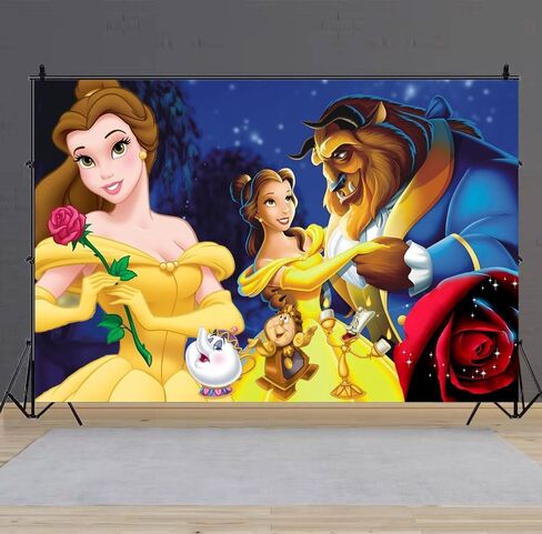 Beauty Happy Birthday Banner Backdrop Background for Princess Belle Party Supplies Decorations(5x3ft) in Saudi Arabia