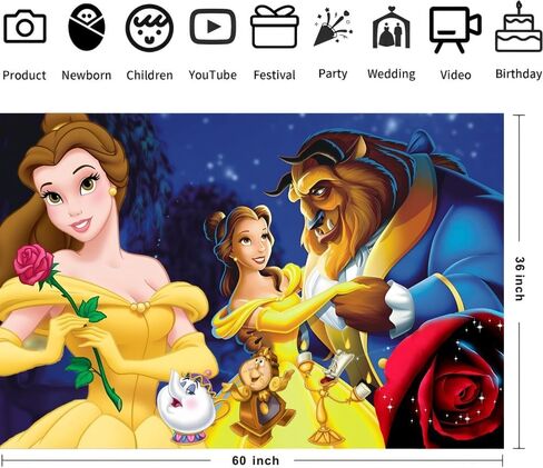 Beauty Happy Birthday Banner Backdrop Background for Princess Belle Party Supplies Decorations(5x3ft) in Saudi Arabia
